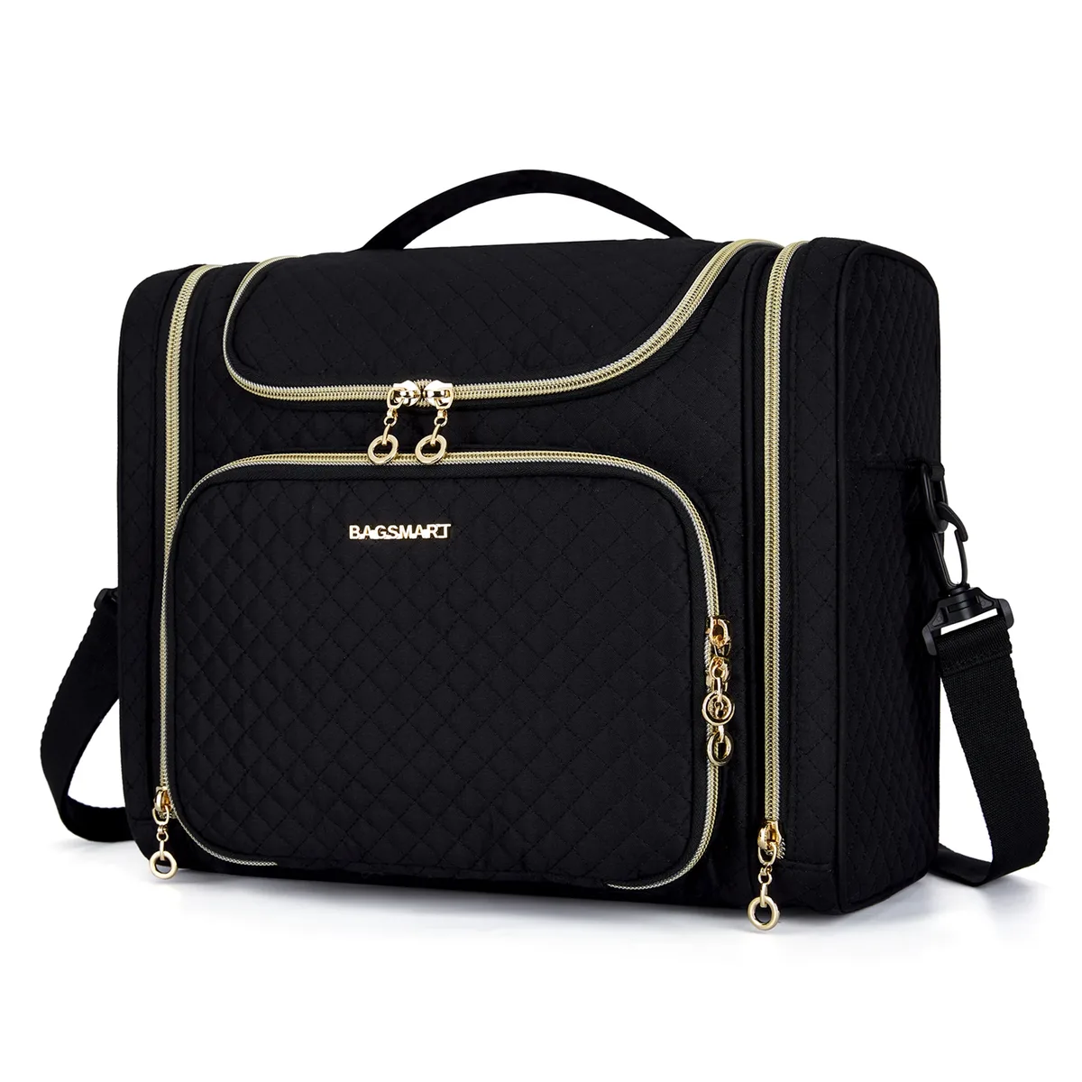 trousse toilette cosmétique pvc noir doré grande capacité organisateur voyage compartiments séparés humidificateur maquillage