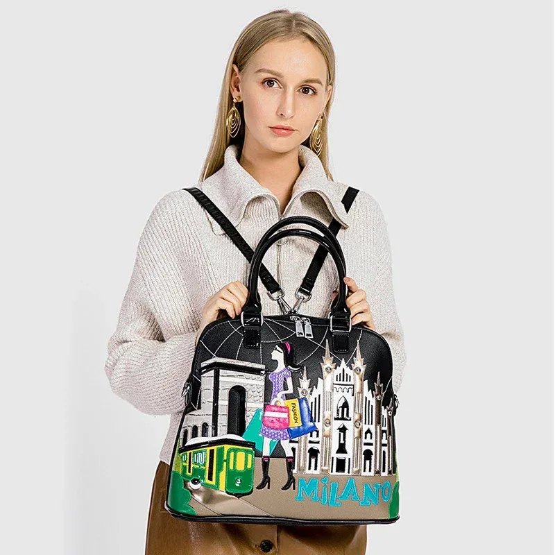 sac à dos en cuir avec broderie patchwork pour femme, cartable preppy, sac d'étudiant, sac de voyage, fourre-tout, style braccialini, dessin animé milan