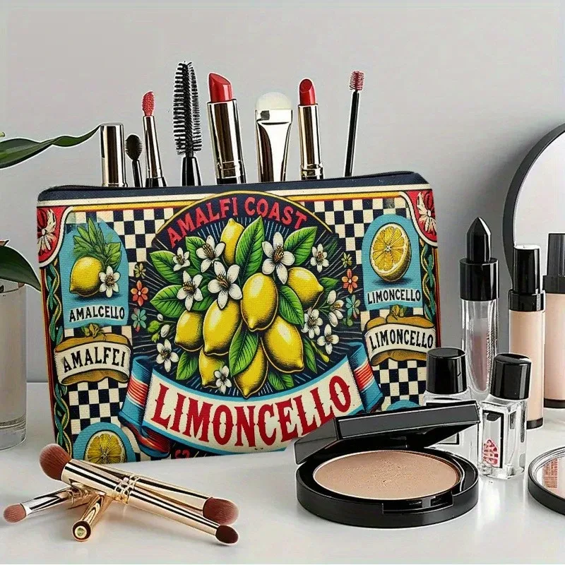 trousse polyester cosmétique citrons jaune fond bleu bandes rouges blanches amalfi coast limoncello voyage maquillage