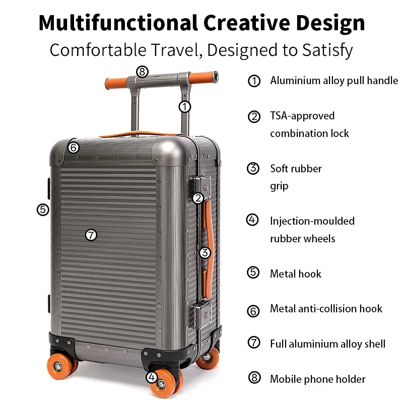 valise télescopique en alliage d'aluminium et de magnésium, valise rétro de 20 pouces, bagage en métal avec protection antichoc et anti-rayures