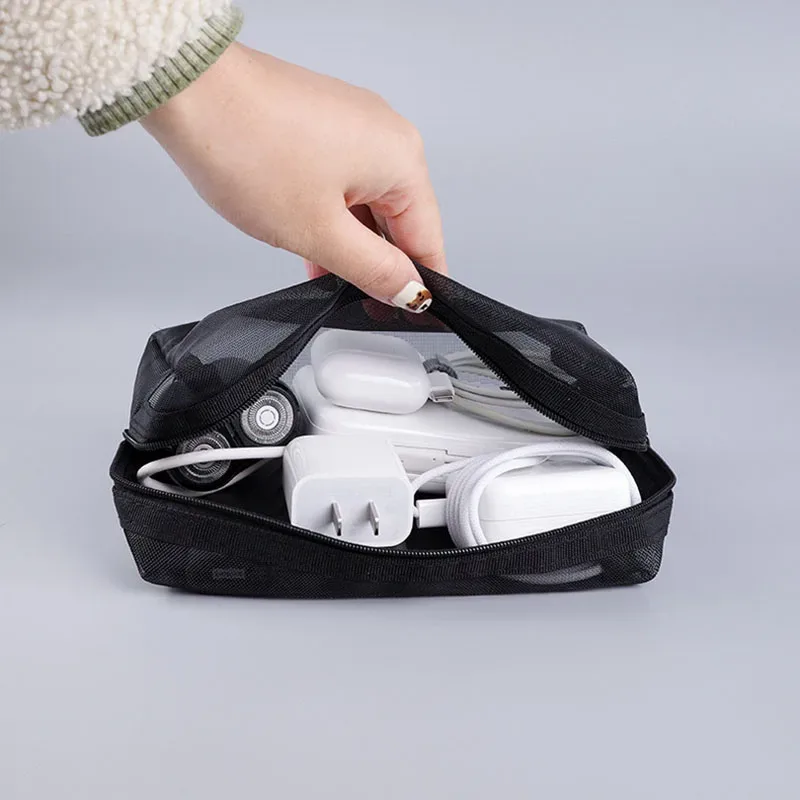 trousse toilette nylon noire transparente zip maille fine cosmétiques maquillage voyage femmes mini pochette