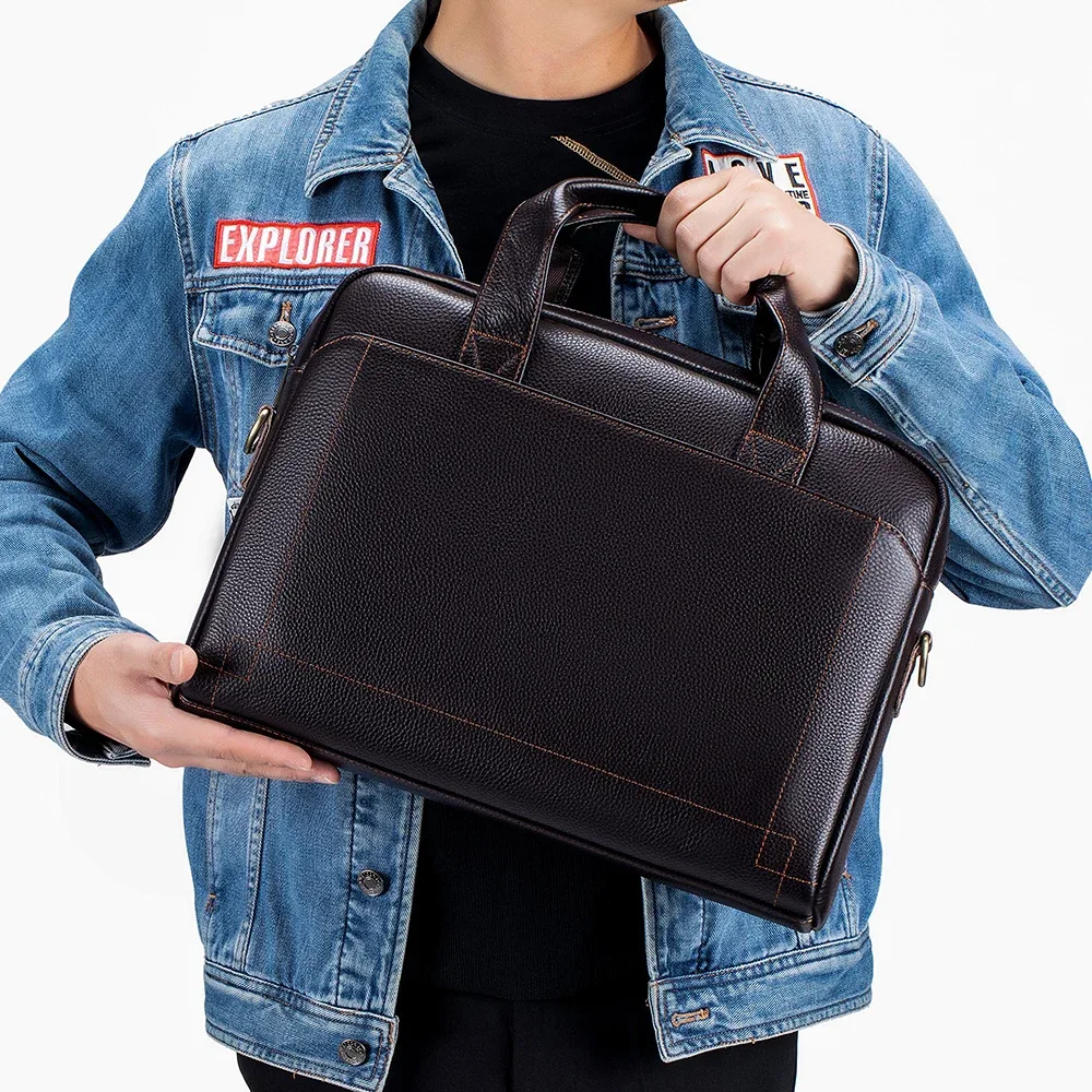 sac à main en cuir pour hommes, porte-documents en peau de vache avec couche supérieure, sac pour ordinateur portable en cuir, sac de bureau croisé diagonale