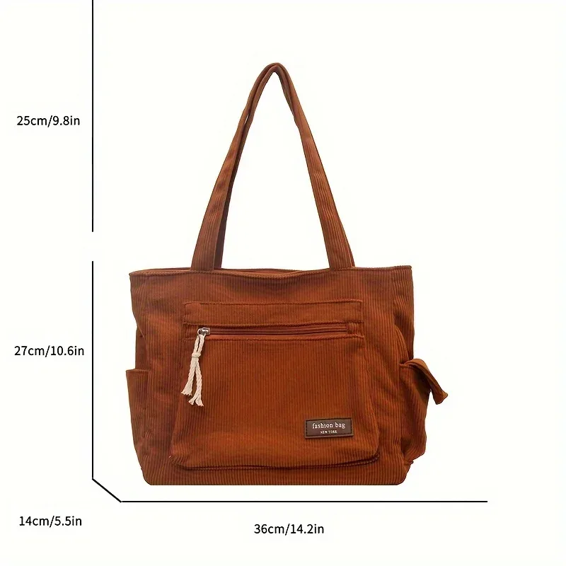 sac fourre-tout simple en velours côtelé, sac à bandoulière de couleur unie, sac à main rétro multi-poches pour le travail scolaire et le shopping