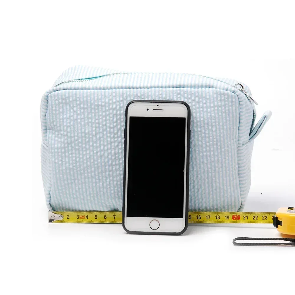 seersucker – sacs à cosmétiques à volants, sacs de rangement à rayures roses/violettes pour femmes, sac de voyage avec fermeture éclair, trousse de maquillage