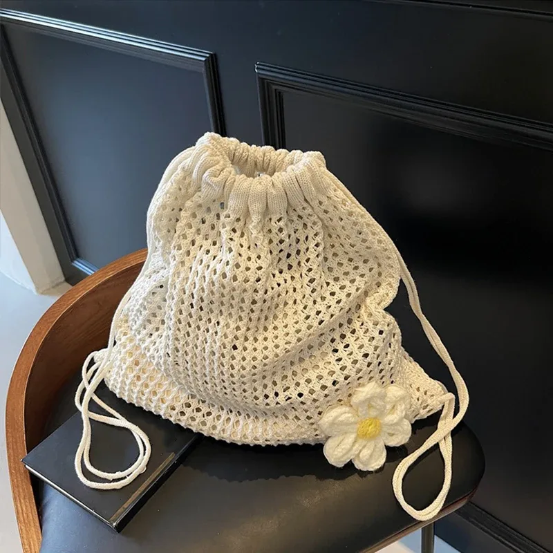 sac à bandoulière en tricot de couleur unie, sac à dos bohème en crochet de grande capacité ajouré, fourre-tout de voyage de plage polyvalent pour femmes