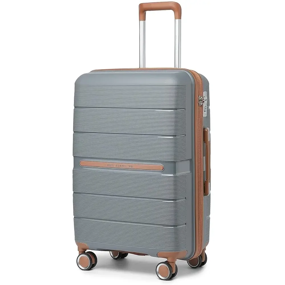 valise rigide de voyage britannique, bagage à main, matériau 100% pp, 8 roues tournantes, serrure tsa, beige, chariot