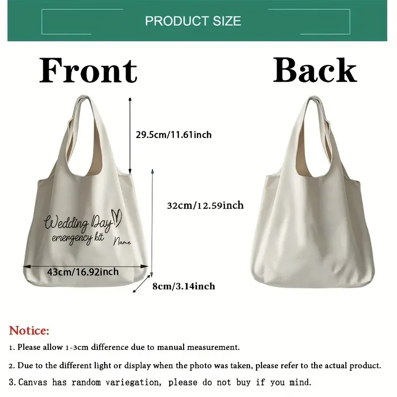 sac fourre-tout personnalisé avec motif de trousse d'urgence pour le jour du mariage, sac à bandoulière, cadeau pour la mariée le jour du mariage, personnalisable