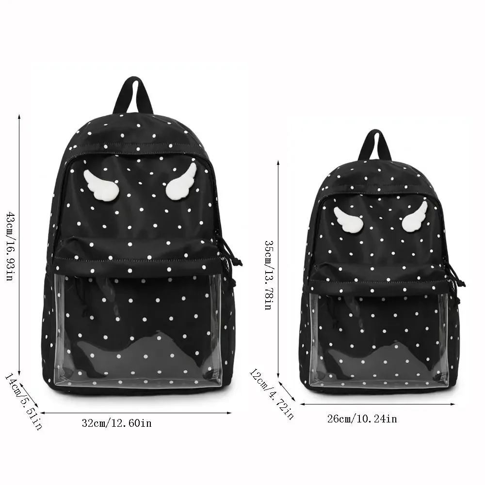 sac à dos à pois de 2 tailles, grande capacité, poche transparente, sac à dos scolaire, motif à pois, sac à dos ailes d'ange pour filles