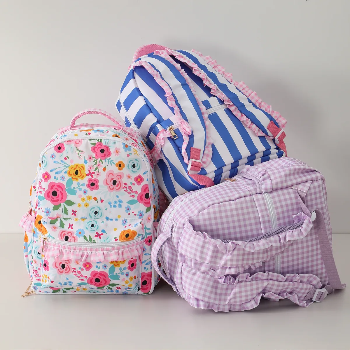 Sac à dos à volants vichy pour filles, avec manches porte-crayons, multi-poches, grande capacité pour adolescents, sac à dos de voyage pour la rentrée scolaire