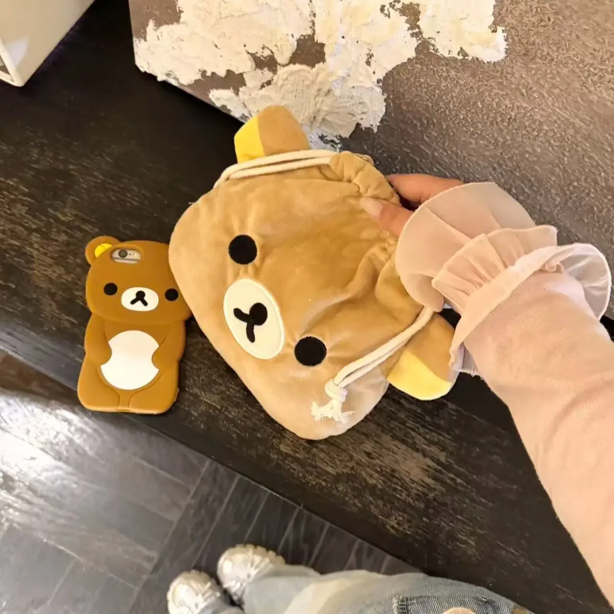 sac à cordon avec motif d'ours de dessin animé, pochette à cosmétiques de grande capacité, étui de rangement portable pour câbles usb, bijoux, pinceaux de maquillage