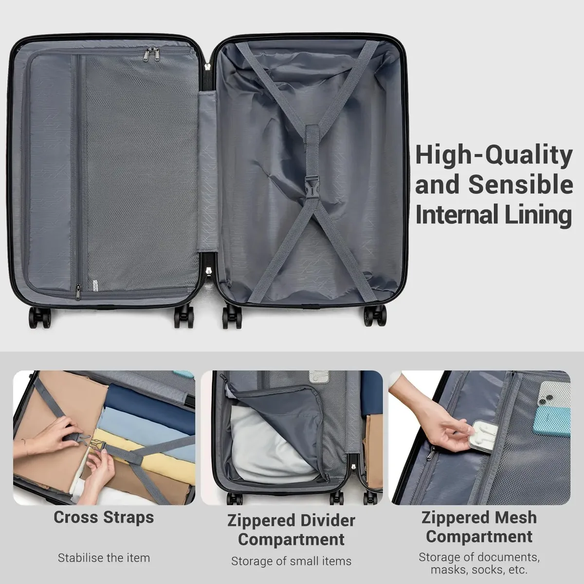 valises à main kono s/m/l, coque rigide légère en pc+abs avec serrure tsa, 4 roues multidirectionnelles, compatible cabine