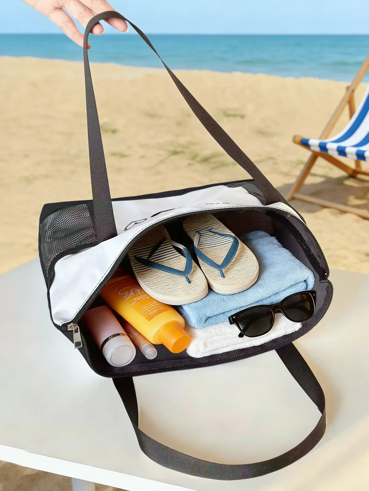 sac de plage noir à imprimé cœurs, avec poche latérale en maille, fermeture éclair, imperméable, sac à bandoulière de voyage