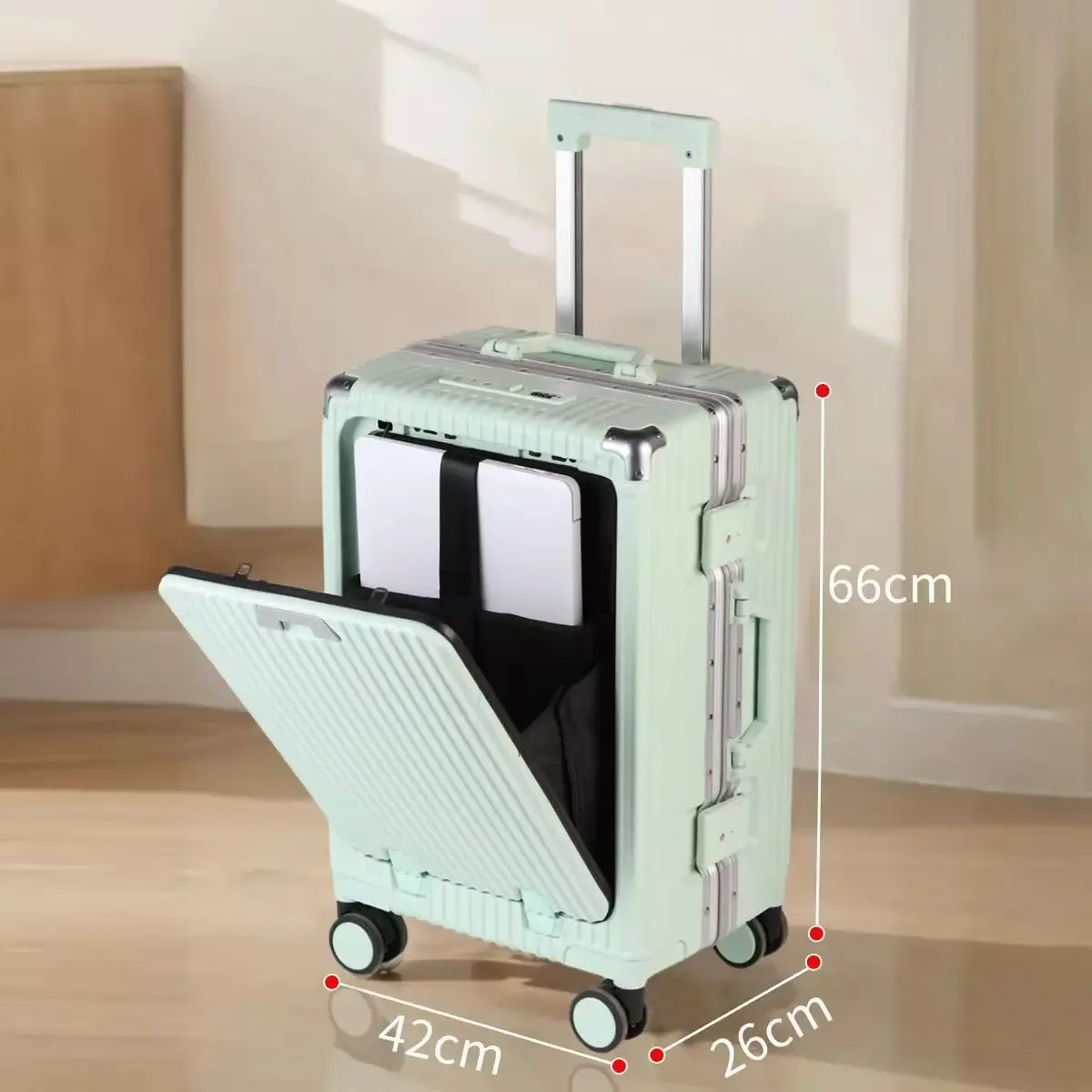nouvelle valise ouverture avant pochette d'ordinateur cadre en aluminium bagages avec port usb mot de passe boîtier de chariot valises de voyage 20-28 pouces