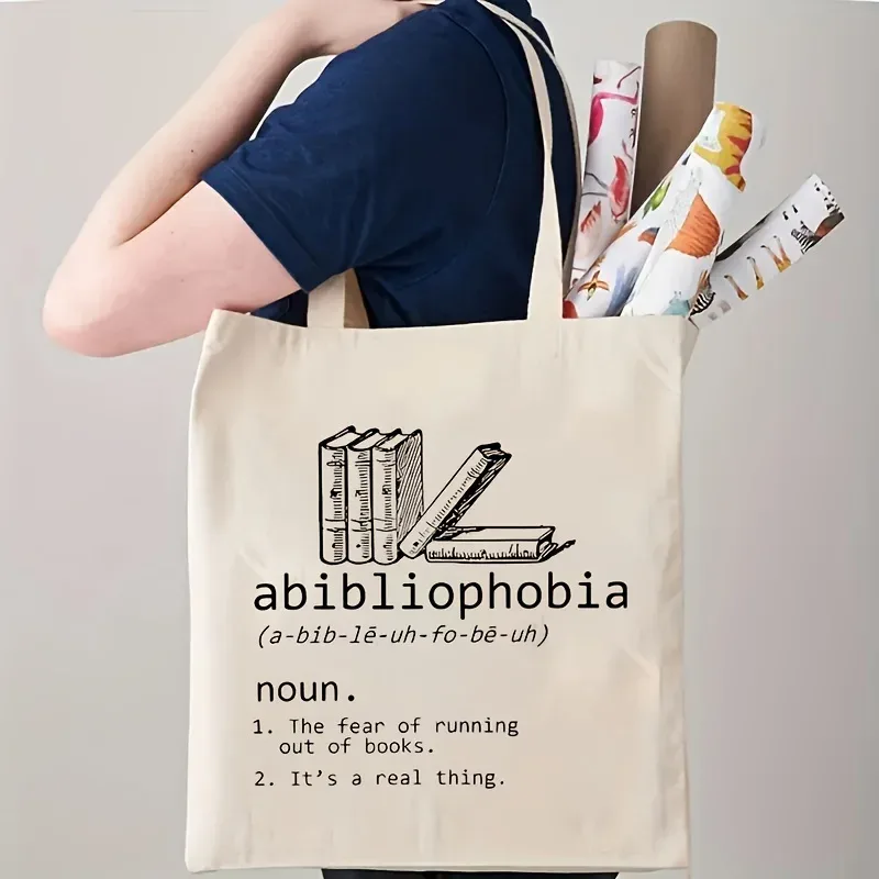 1 sac fourre-tout en toile imprimée avec motifs de livres et de papiers usagés, sac de shopping réutilisable, sac à main multifonctionnel imprimé double face