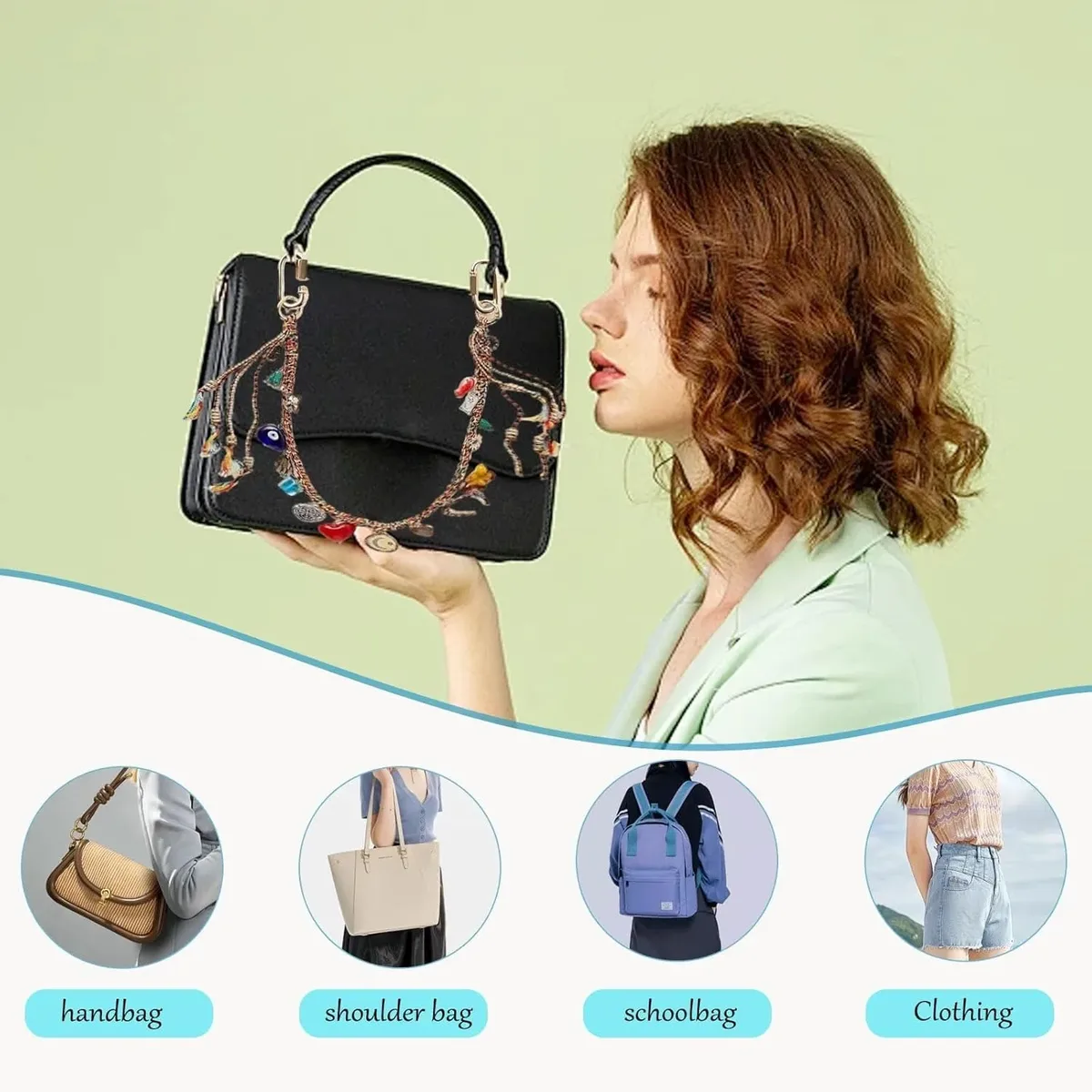 chaîne décorative sac cuir tressée motifs colorés breloques oeil maléfique cœur croissant lune accessoire voyage femme