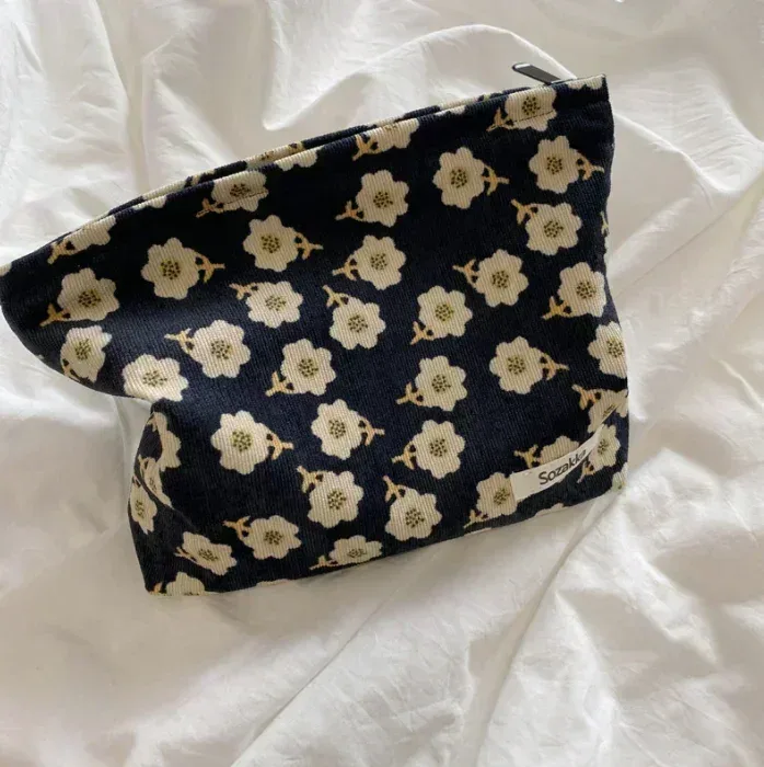 trousse à cosmétiques de beauté florale pour femme, trousse de maquillage, broderie coréenne, velours côtelé, grand sac de rangement de lavage et de toilette, poudres, voyage