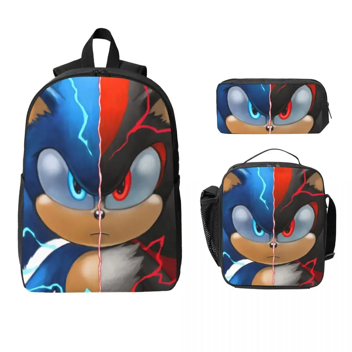 sac à dos sonic shadow pour garçons et filles, sac d'école, sac à bandoulière pour ordinateur portable, sac à déjeuner isotherme, trousse à crayons, 3 pièces