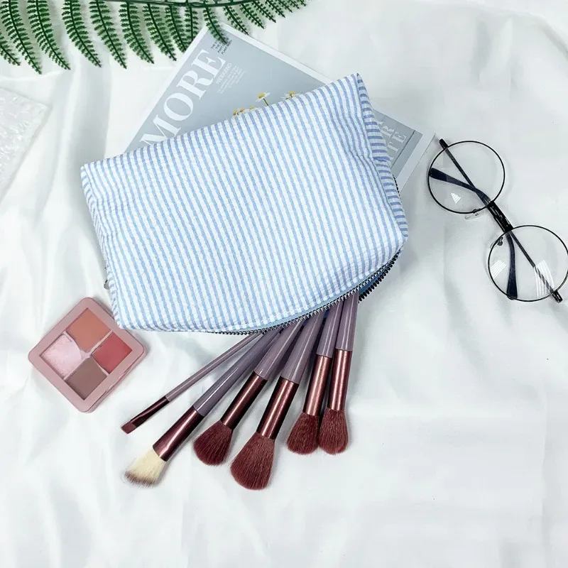 sacs à cosmétiques à volants pour femmes, sacs de rangement à rayures rose/violet, sacs de maquillage pour dames avec fermeture éclair, sac de voyage, trousse de maquillage