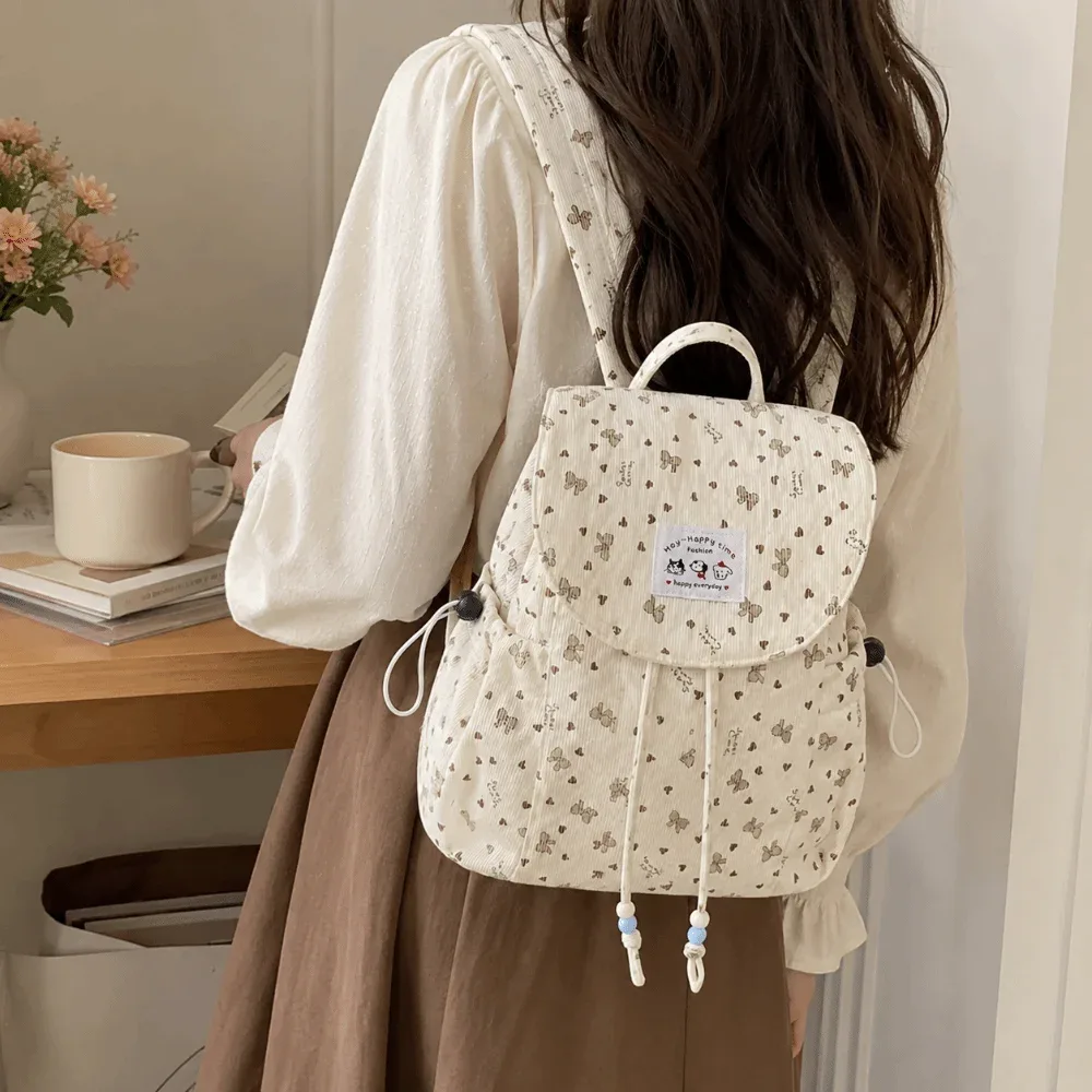 sac à dos élégant et léger en velours côtelé à imprimé nœud, grande capacité, avec cordon de serrage, polyvalent, design simple, pour femme