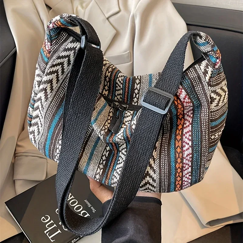 sac à bandoulière de style tribal, bandoulière pliable avec fermeture à glissière, motif rayé, thème drapeau, bord lavable à la main, doublure peinte