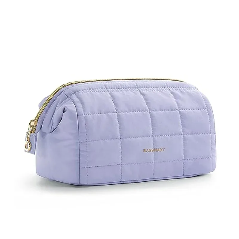 trousse toilette cosmétique taslan rose motif coutures quadrillées rectangulaire glissière dorée voyage femmes maquillage