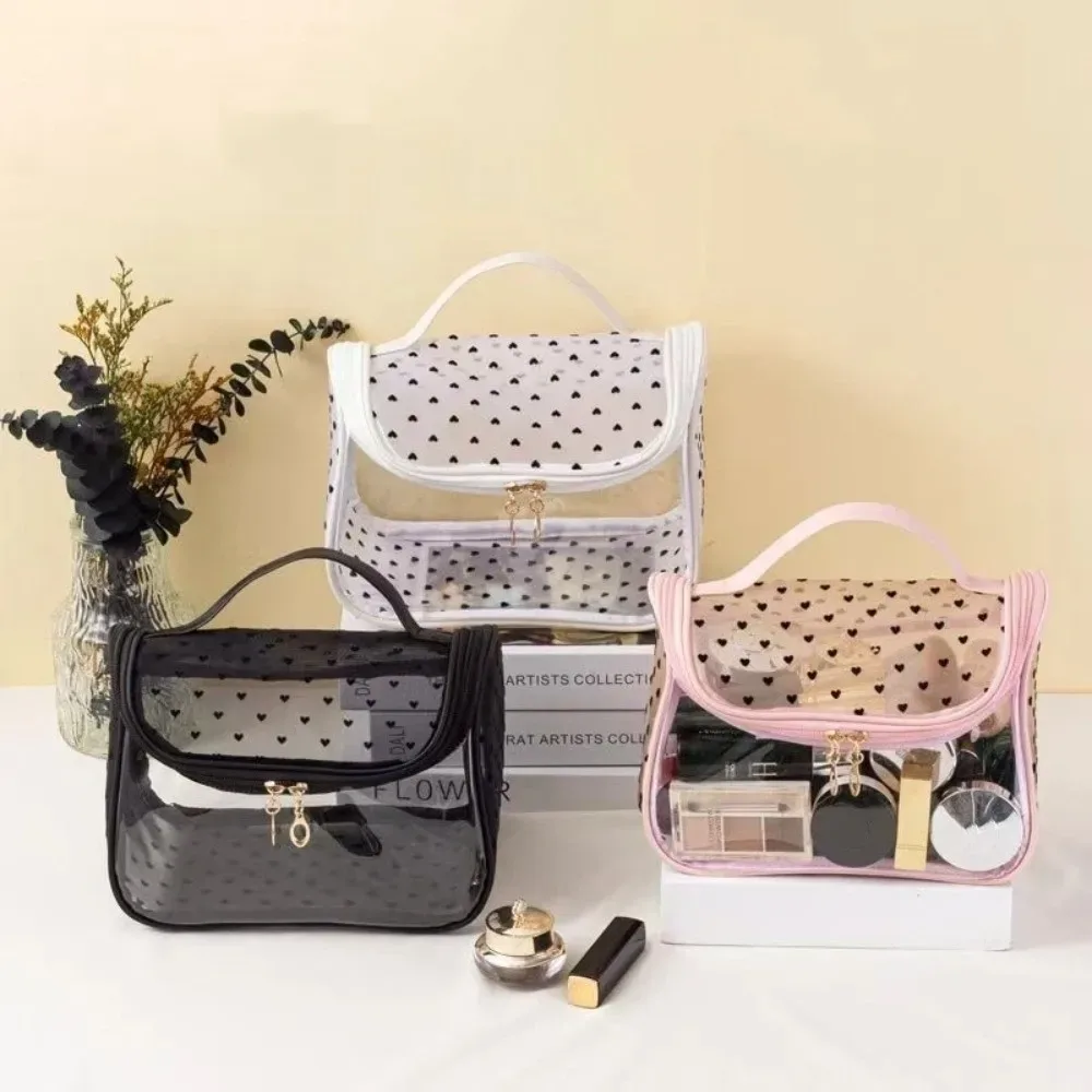 sac de maquillage portable grande capacité en maille, motif cœur, avec fermeture éclair, organiseur de toilette, sac de rangement transparent pour extérieur