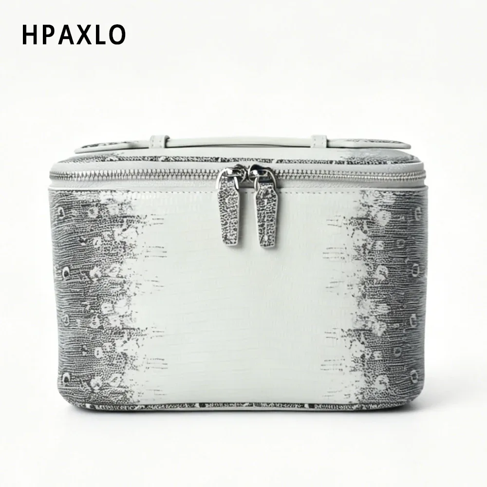 trousse de maquillage quotidienne en cuir de vachette grain lézard teinte himalaya pour femmes, légère et durable avec fermeture éclair