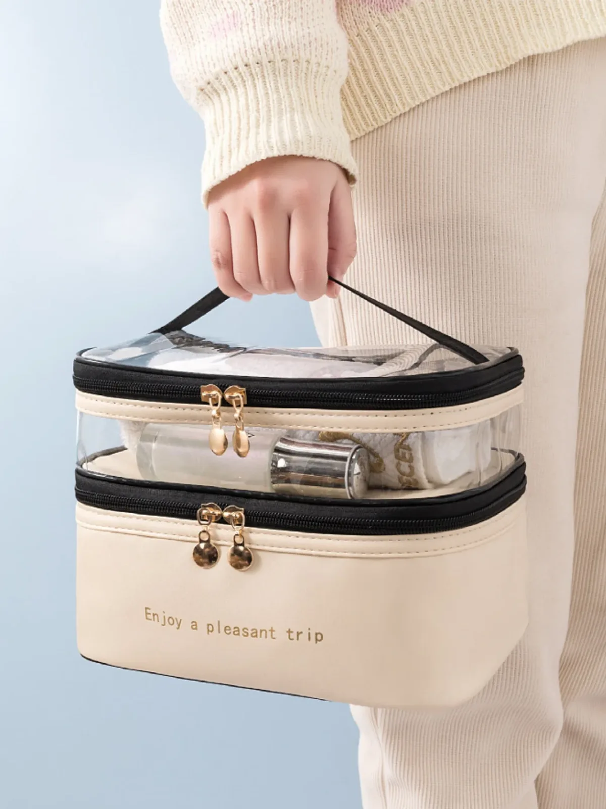 sac à cosmétiques portable de grande capacité, sac de toilette double transparent, sac de maquillage étanche, sac de rangement de voyage