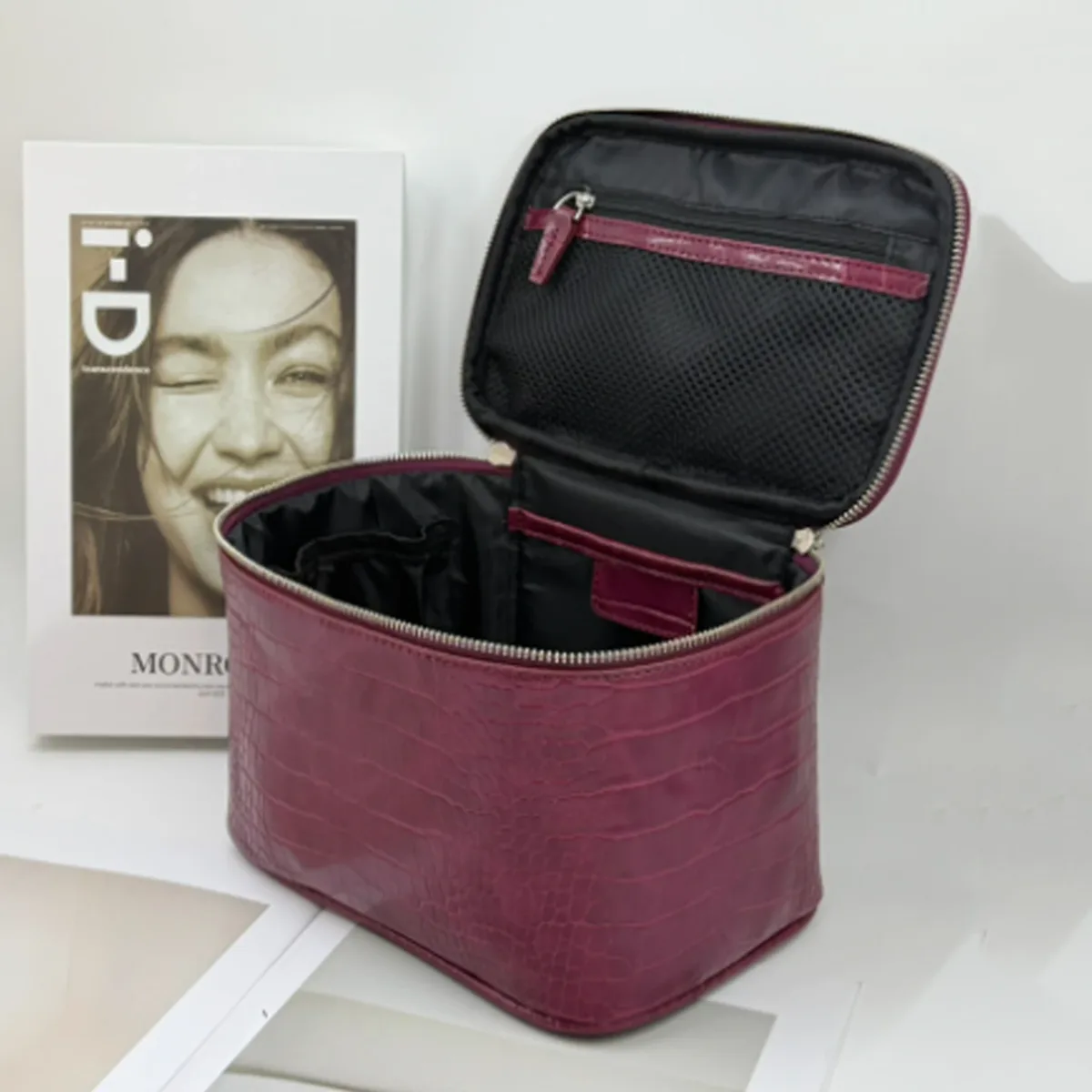 nouvelle trousse de toilette portable en pu à motif texturé effet pierre, grande capacité, sac de maquillage et de voyage pour femmes
