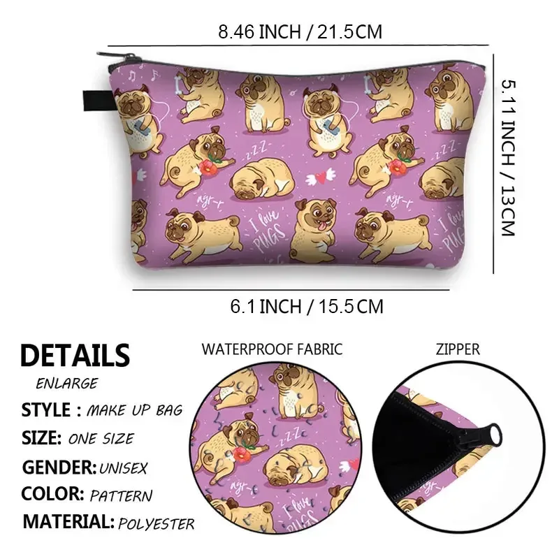 sacs à cosmétiques imprimés chien carlin 3d, motif pékinois mignon pour trousse de maquillage, organisateur nécessaire pour femmes, mini sac à main de voyage