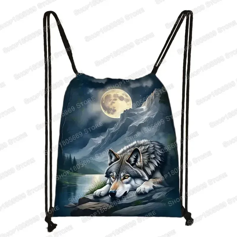 sac à dos loup hurlant sous le clair de lune et tigre coloré pour hommes et femmes, sacs à cordon de proximité en plein air, sacs de voyage pour étudiants