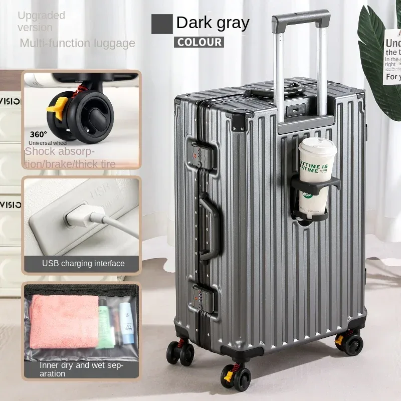valise de voyage multifonction avec frein à roue, chargement usb, cadre en aluminium, pour hommes et femmes, bagage cabine