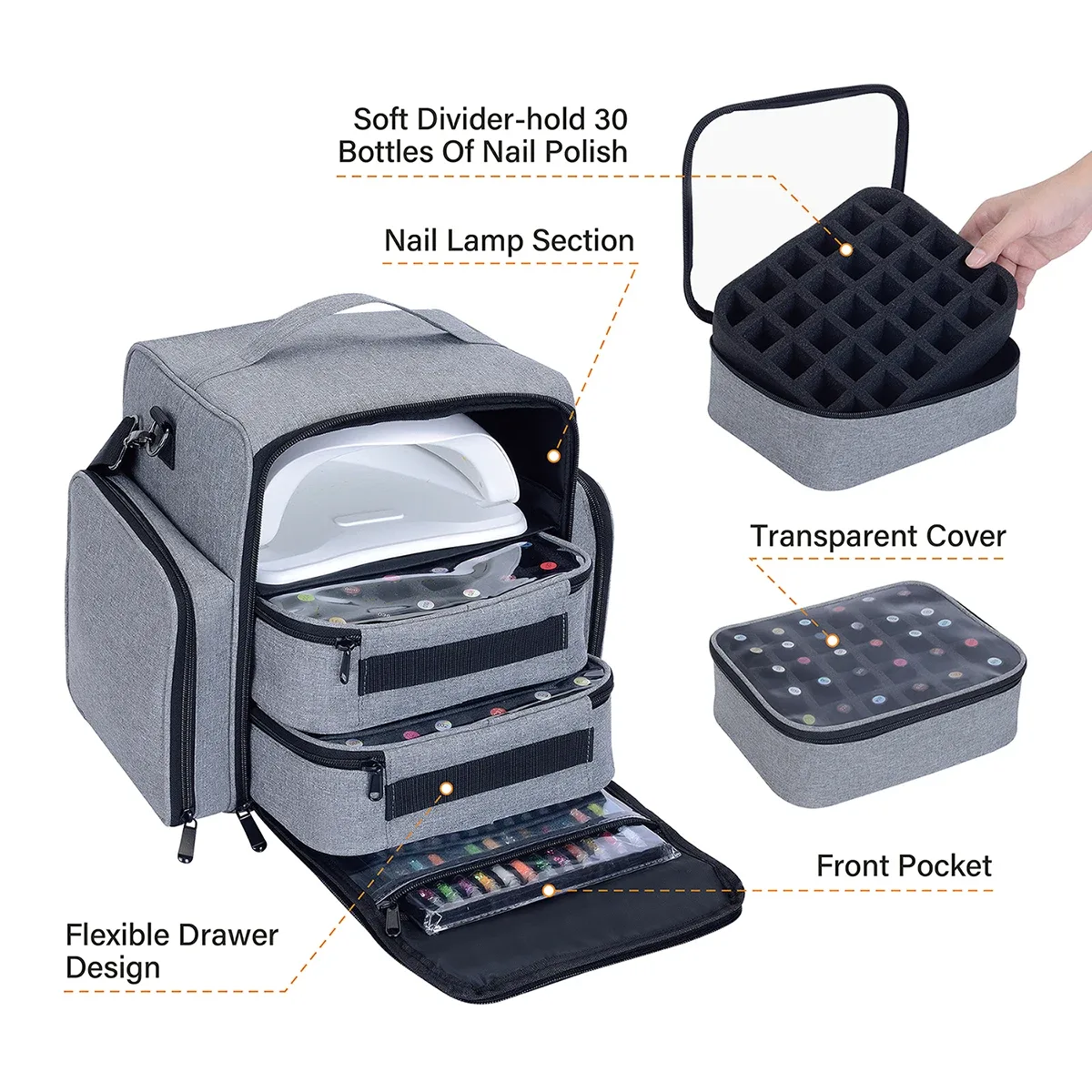 uozl organisateur de vernis à ongles de grande capacité, peut contenir 60 bouteilles de vernis à ongles et grande lampe pour nail art. arrive avec 2 sacs indépendants