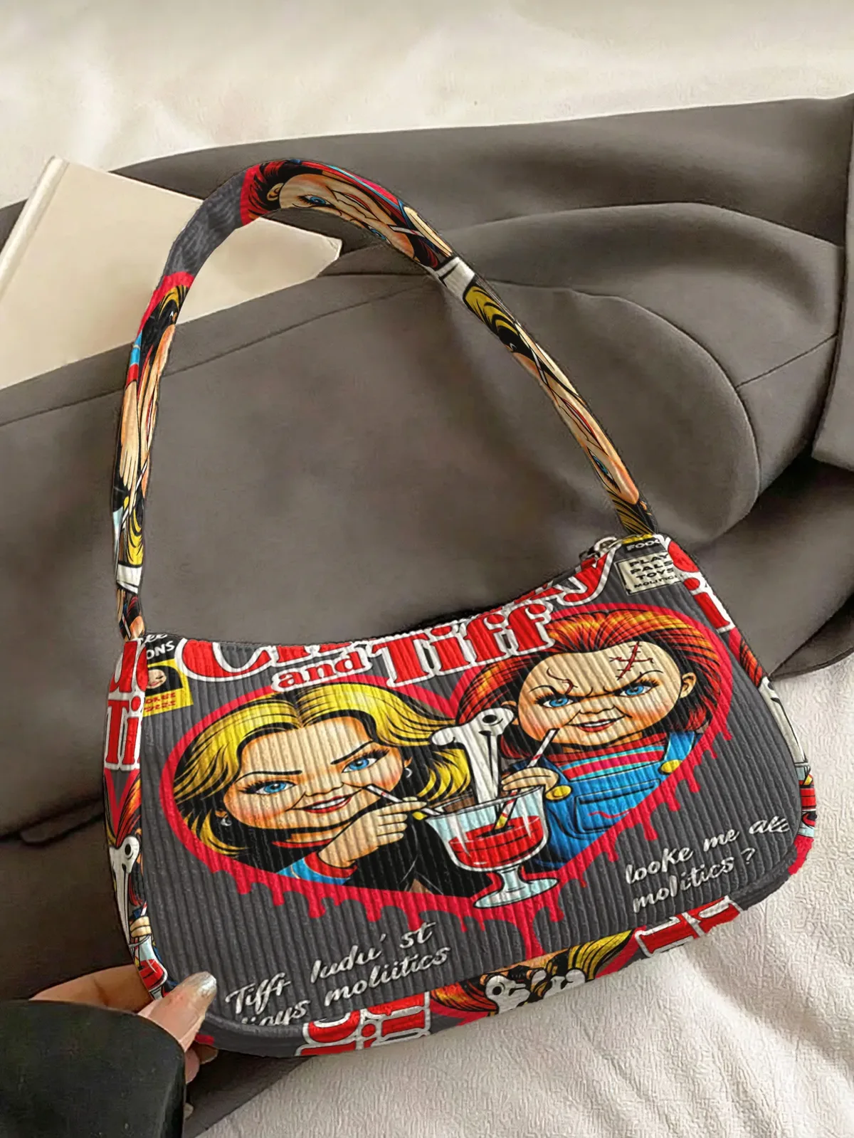 sac à bandoulière tendance imprimé chucky & tiffany, sac sous le bras en velours côtelé pour un usage quotidien décontracté
