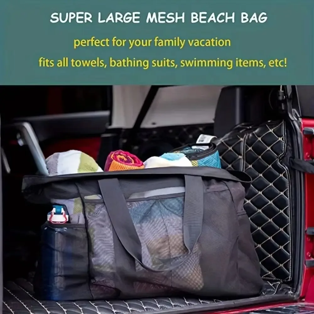 sac de plage en maille grande capacité avec cordon de serrage, paniers légers pour jouets de plage, sac de rangement portable multi-usages avec boutons-pression pour le bain