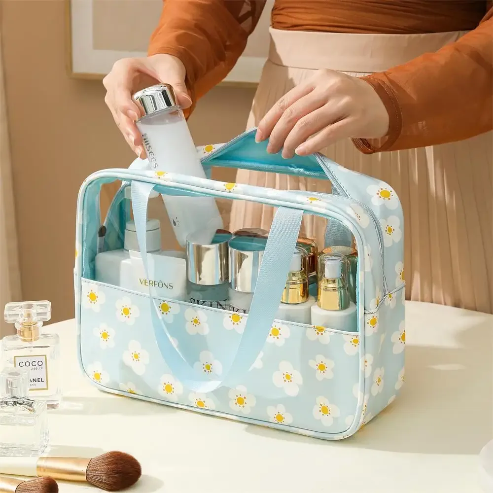 4 pièces sac de maquillage en PVC fleur imprimé sac à main de lavage Transparent pochette cosmétique de voyage étanche trousse de toilette pratique porte-monnaie