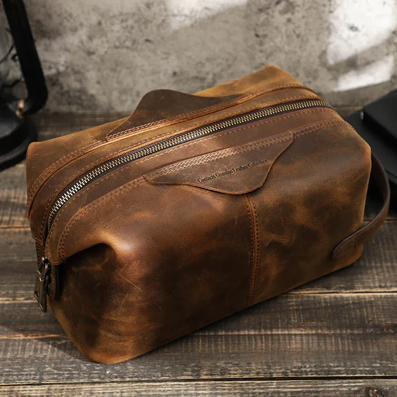 contact's – sac à cosmétiques suspendu pour hommes, pochette de rangement de voyage en cuir de cheval fou, trousse de toilette vintage