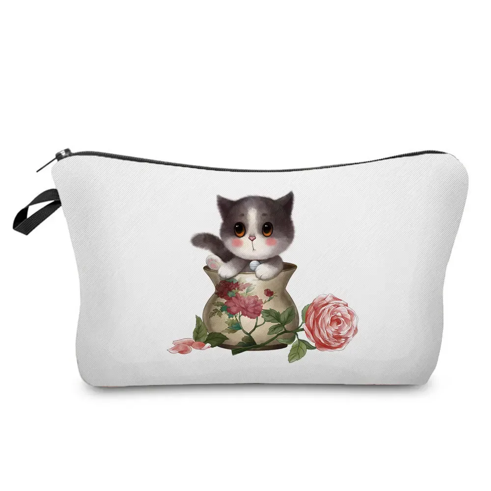 dessin animé fleur chien chat mignon imprimé femmes sac cosmétique en plein air portable voyage trousse de toilette personnalisable trousse de toilette trousse de maquillage
