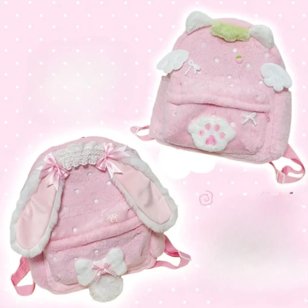 sac à dos en peluche rose doux pour femme, accessoires vestimentaires de la sous-culture japonaise strawberry angel daughter, mochilas para mujer
