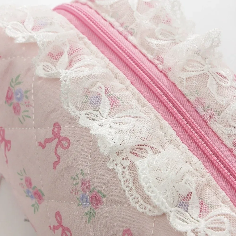 pochette de maquillage matelassée à bords volantés portable, avec nœud, grande capacité, sac de rangement cosmétique, imprimé floral, trousse à crayons