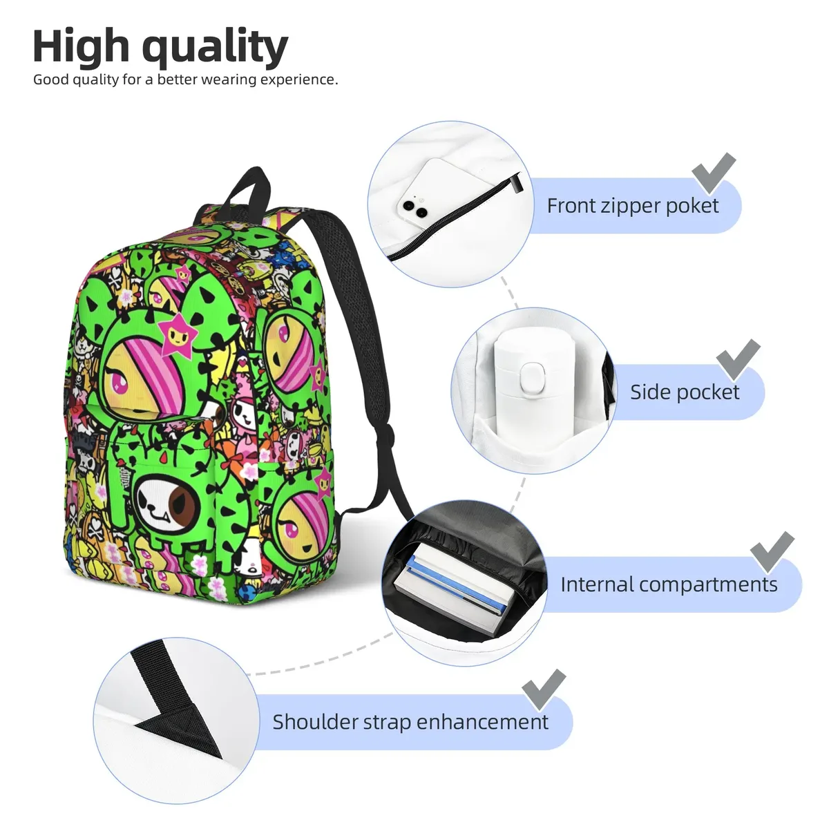 sac à dos tokidoki kawaii donutella sandy unicorno pour adolescents, grands sacs à dos en polyester, sacs d'école élégants, sac à dos de camping