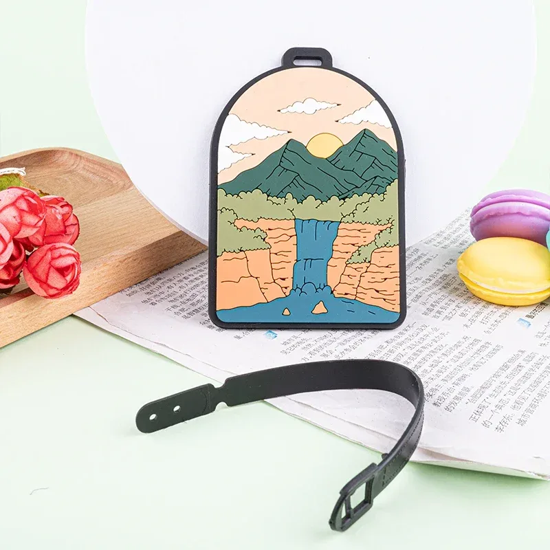 étiquette de bagage en pvc avec paysage de montagne et de nature, pour valise, sac de voyage et sac à dos, accessoire de voyage