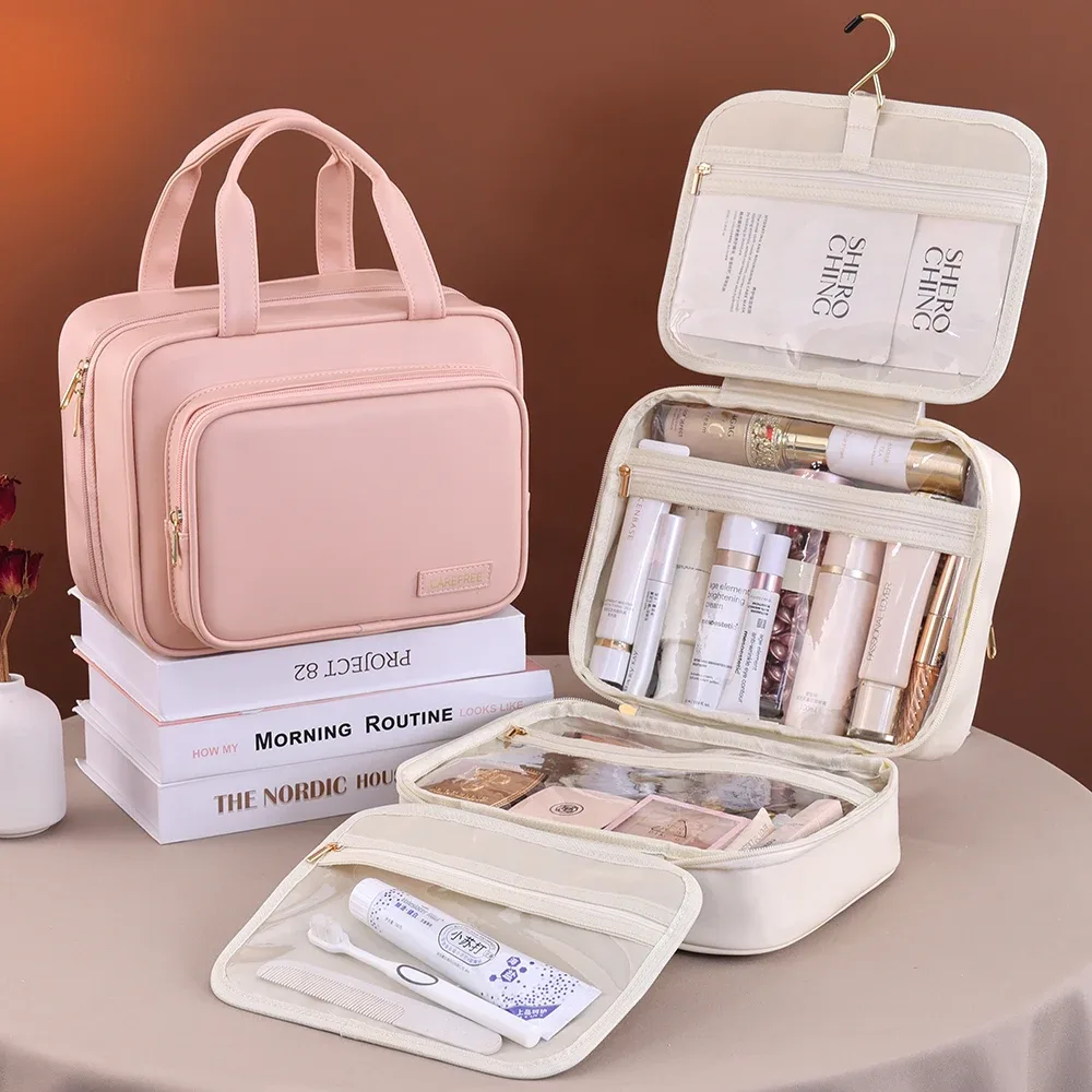 sac à cosmétiques de grande capacité, organisateur de produits de toilette de maquillage, pochette de toilette de voyage portable en cuir pu, sac de rangement de cosmétiques pour femmes