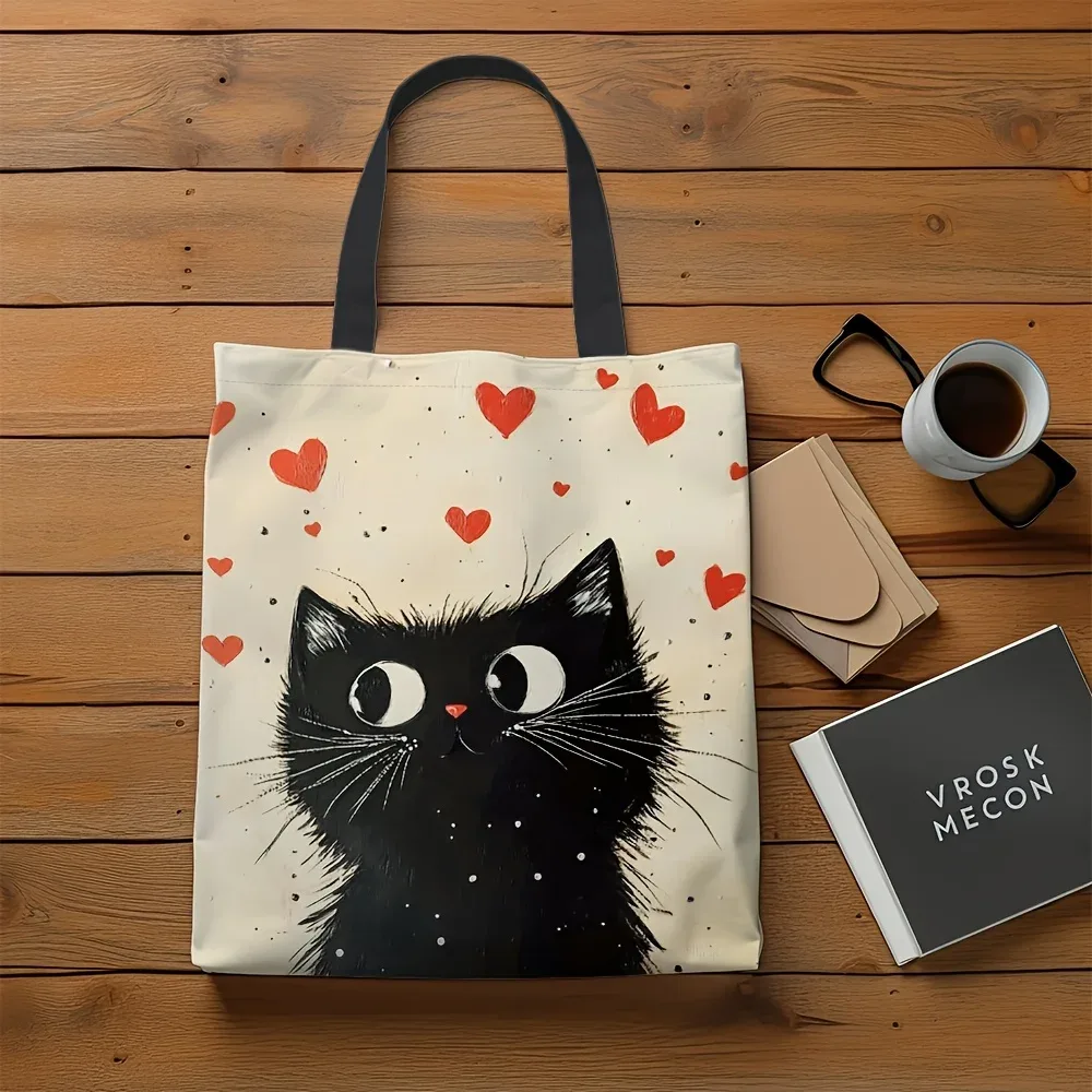 sac fourre-tout en polyester de grande capacité, sac à bandoulière rectangulaire avec imprimés de chat noir et de cœur, durable pour le shopping, 1 pièce