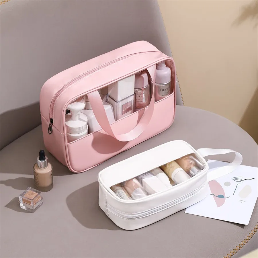 sac à cosmétiques personnalisé avec coutures brodées, sac de bain translucide en pvc de grande capacité, sac de rangement de voyage portable étanche en pu