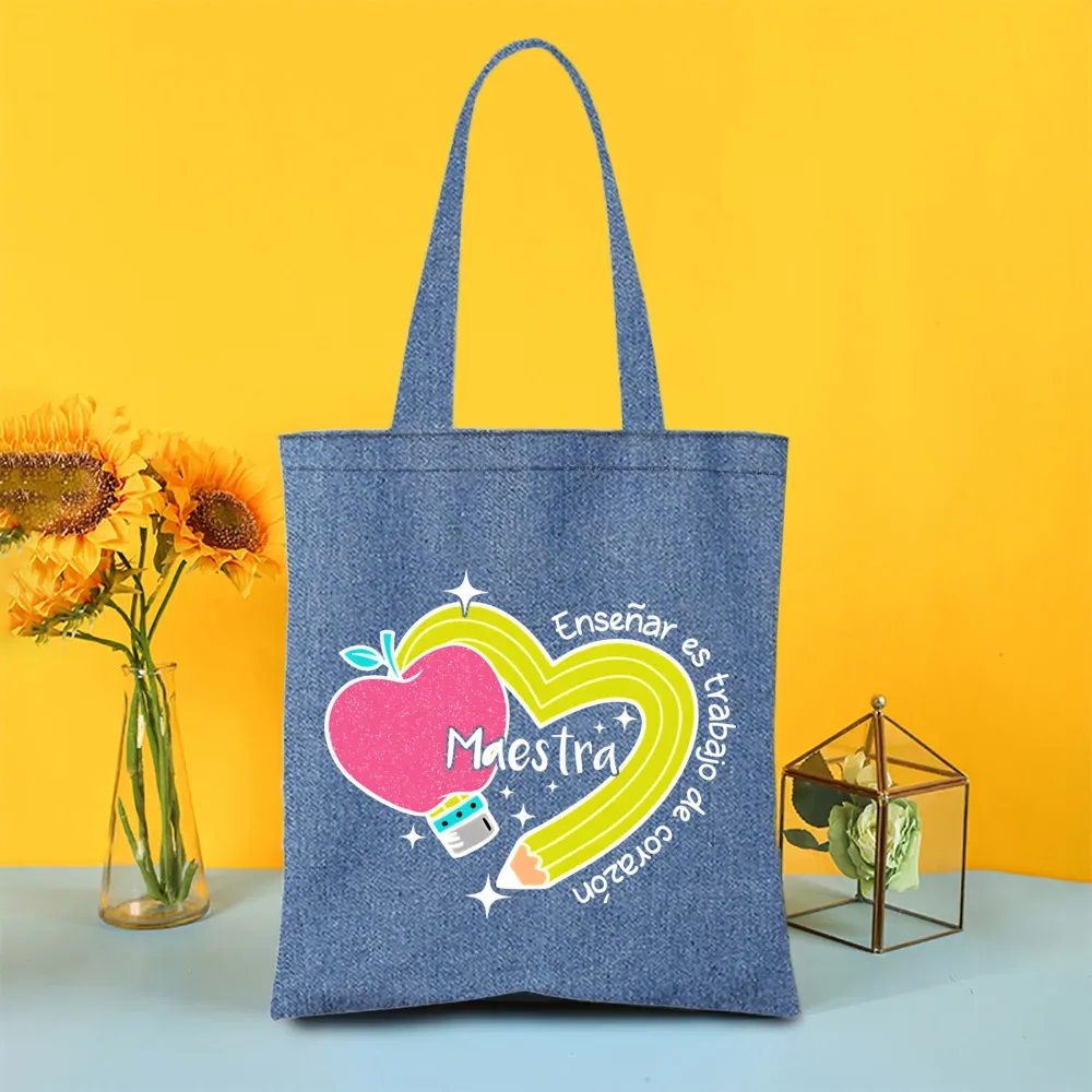 sac fourre-tout en denim peint pour enseignant arc-en-ciel, sacs de shopping pour femmes, sacs à main de voyage, fourre-tout pour la journée des enseignants, cadeaux de remerciement pour les enseignants