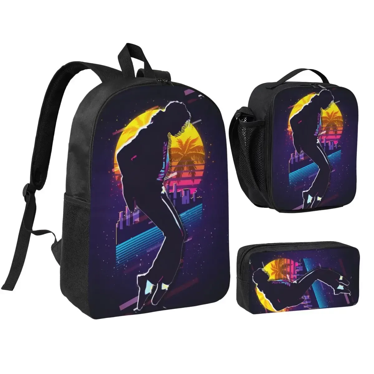 sac à dos mj pop king 3 pièces/ensemble pour étudiant, sac à bandoulière, sac à déjeuner, trousse à crayons