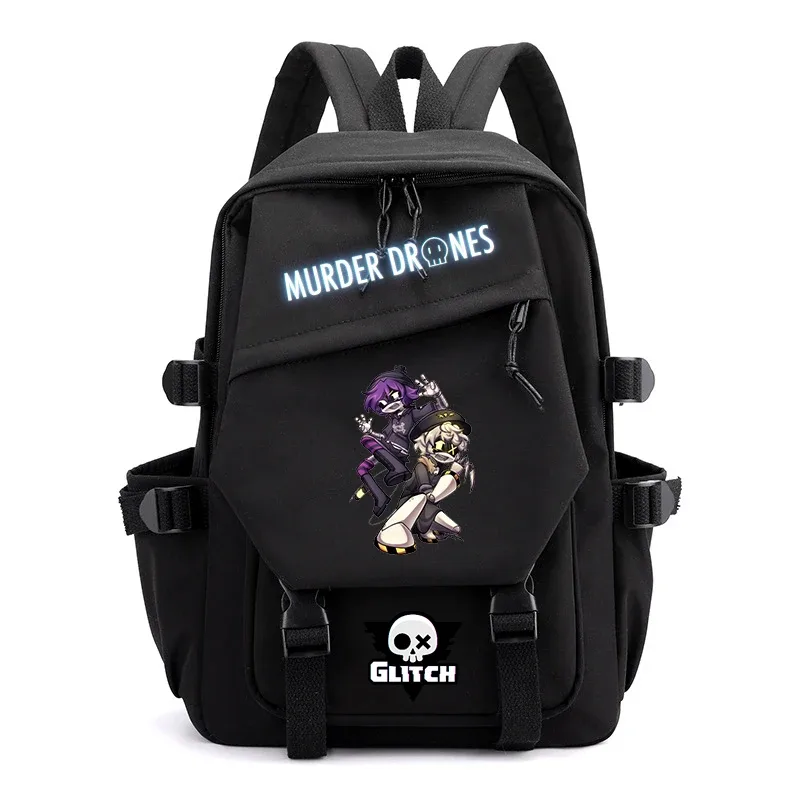 sac dos nylon dessin animé fille guitare murder drones glitch crâne hexagonal gris noir rose vert pastel bandoulière arcuée fermeture éclair usage voyage école