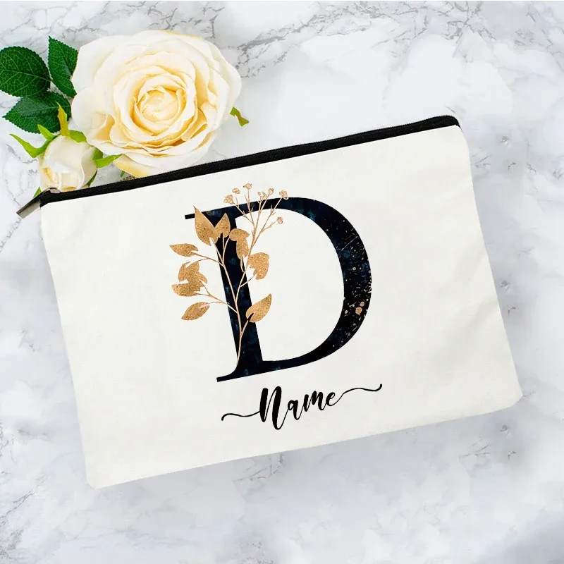 pochette organisatrice en toile noire et or de luxe avec initiales, sac de voyage pour cosmétiques, cadeau de toilette d'anniversaire avec nom personnalisé