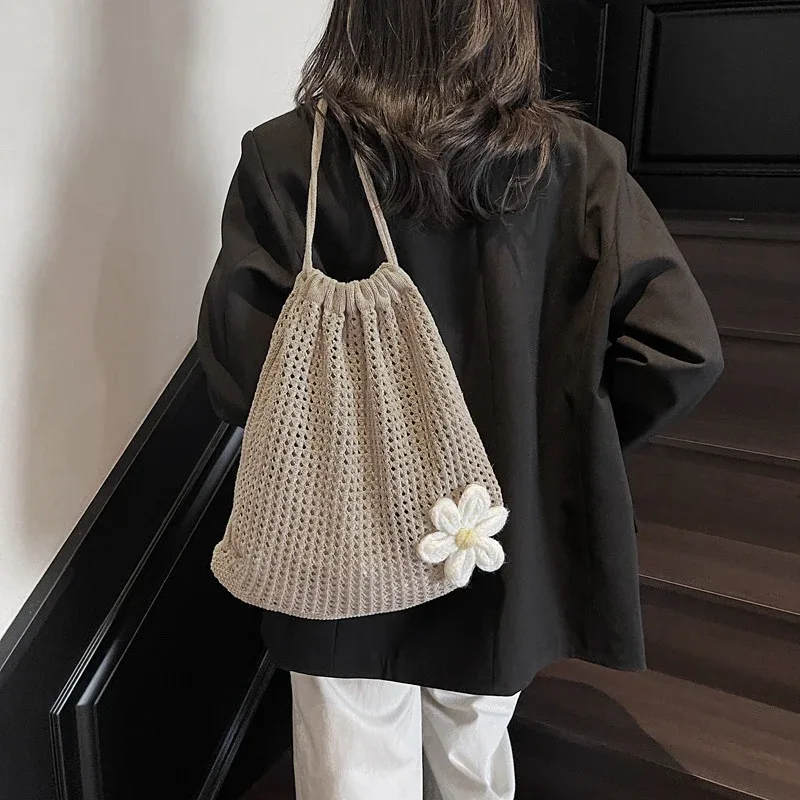 sac à bandoulière en tricot de couleur unie, sac à dos bohème en crochet de grande capacité ajouré, fourre-tout de voyage de plage polyvalent pour femmes